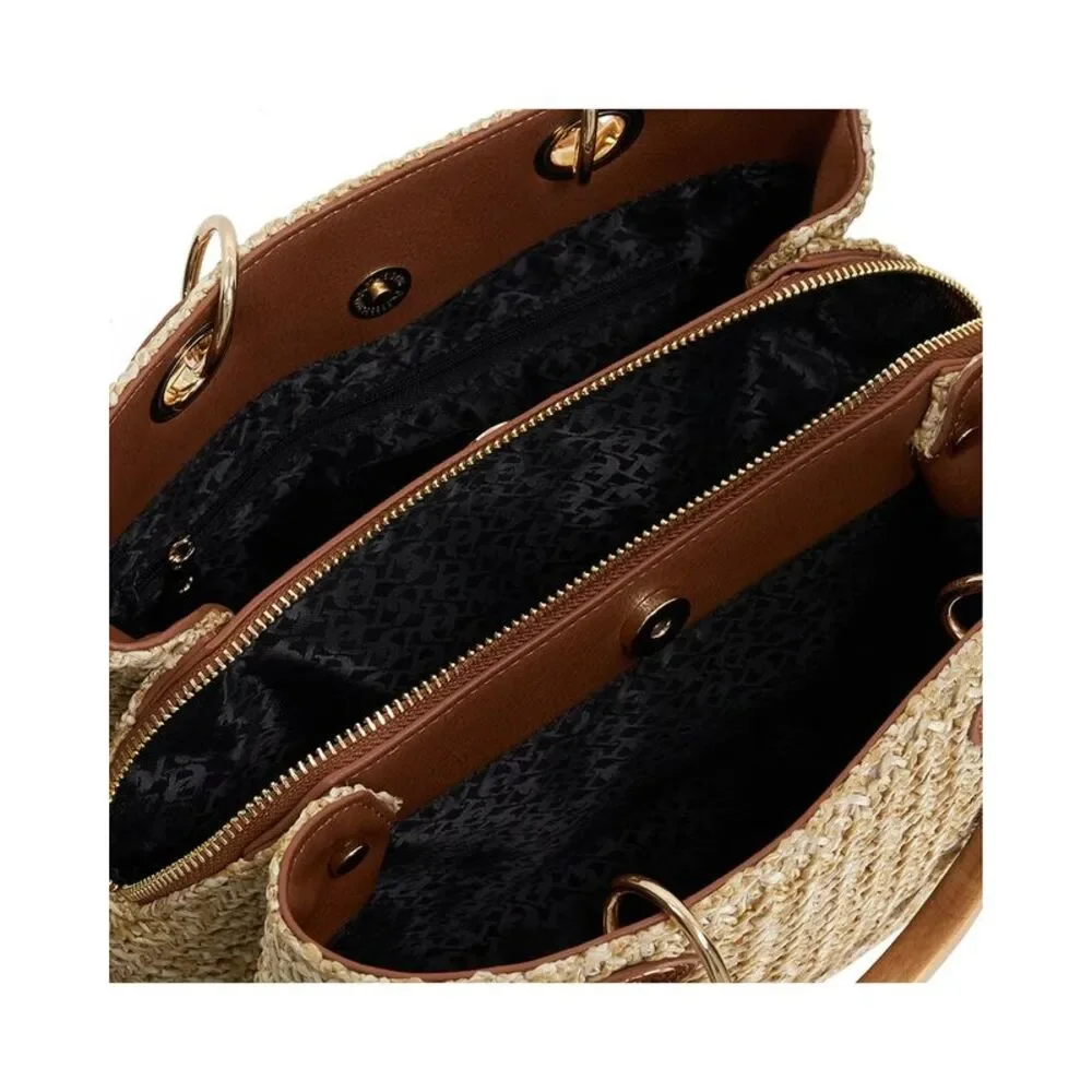 Dune London Demmy Medium Natural Straw Tote with Brown Leather Trim
